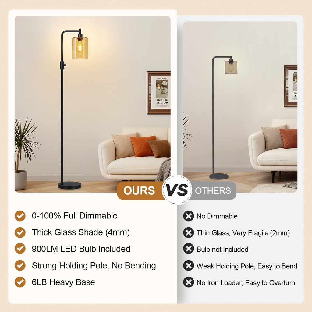 Upgraded】Dimmable Floor Lamps for Living Room with Amber Glass Shade, Modern Industrial Floor Lamp with 900LM Bulb Included, Glass…