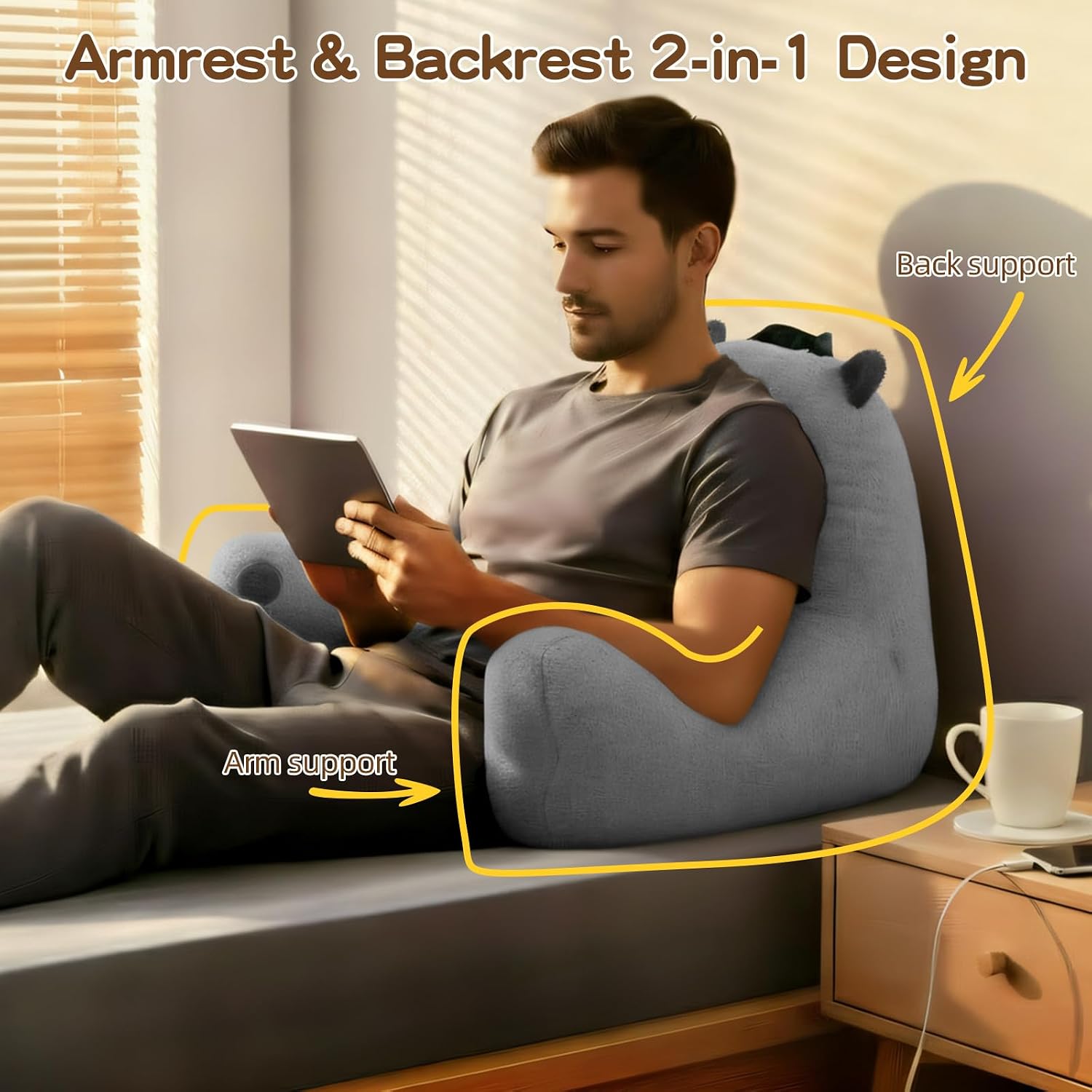 Ajicong Reading Pillow for Sitting in Bed Couch Teens/Adult, Back Rest Pillow for Sitting Up in Bed with Shredded Memory Foam, Includes Arm…
