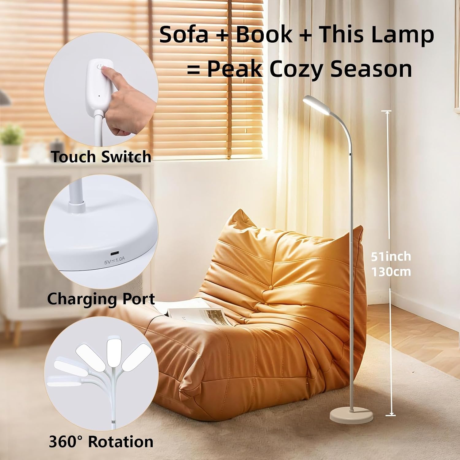 Cordless Portable Floor Lamp, Adjustable Gooseneck with Touch Switch, 3 Color Modes, Lightweight & Rechargeable for Living Room, Bedroom…
