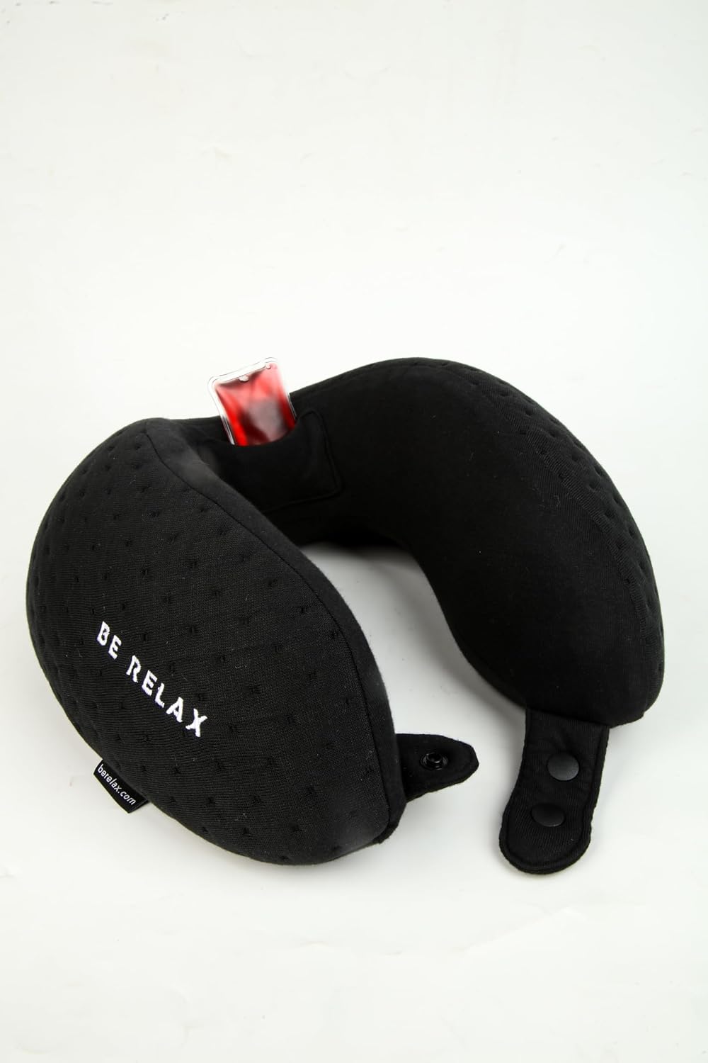Be Relax Pure Travel Pillow Made of Inner-Side Organic Cotton, Reusable Heat Patch and Ergo Smart Flatback (Solid Black)