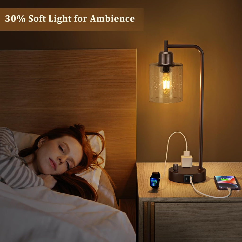 Innqoo Brown Industrial Bedside Table Lamp for Bedroom - Nightstand Lamps with USB C Charging Port, Fully Dimmable Black Ports and…