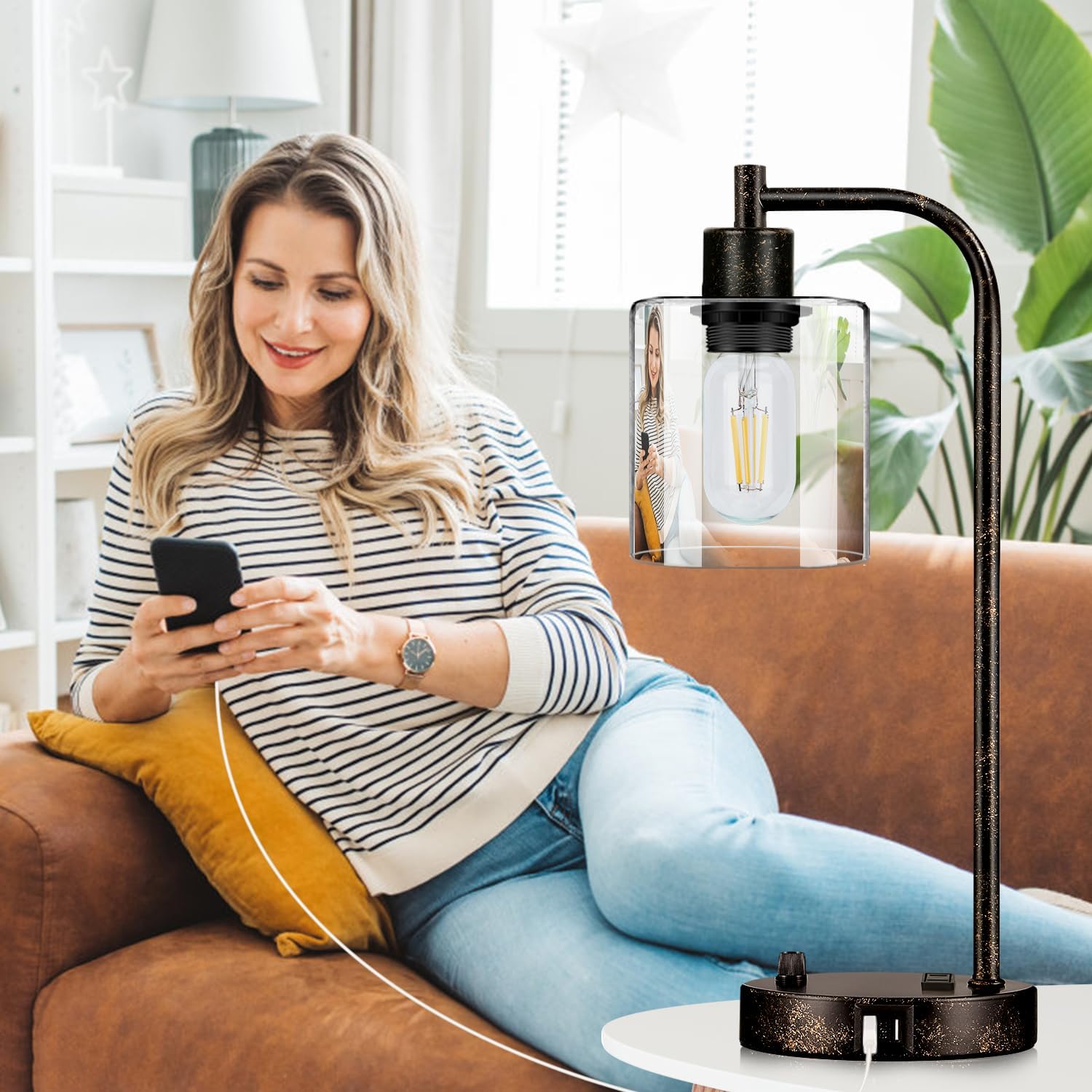 Set of 2 Industrial Table Lamps with USB Port, Rustic Black Fully Stepless Dimmable Bedside Lamps for bedrooms, Nightstand Desk Lamps…