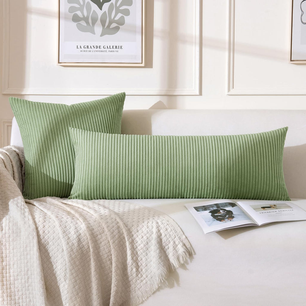 MIULEE Decorative Long Body Lumbar Throw Pillow Cover 14x36 Inch for Bed Couch Bedroom Bench, Soft Corduroy Rectangle Sage Green Pillow…