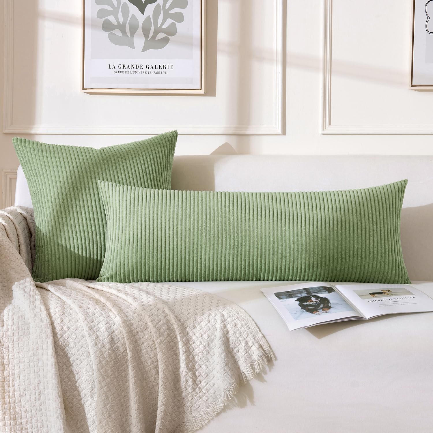 MIULEE Decorative Long Body Lumbar Throw Pillow Cover 14x36 Inch for Bed Couch Bedroom Bench, Soft Corduroy Rectangle Sage Green Pillow…