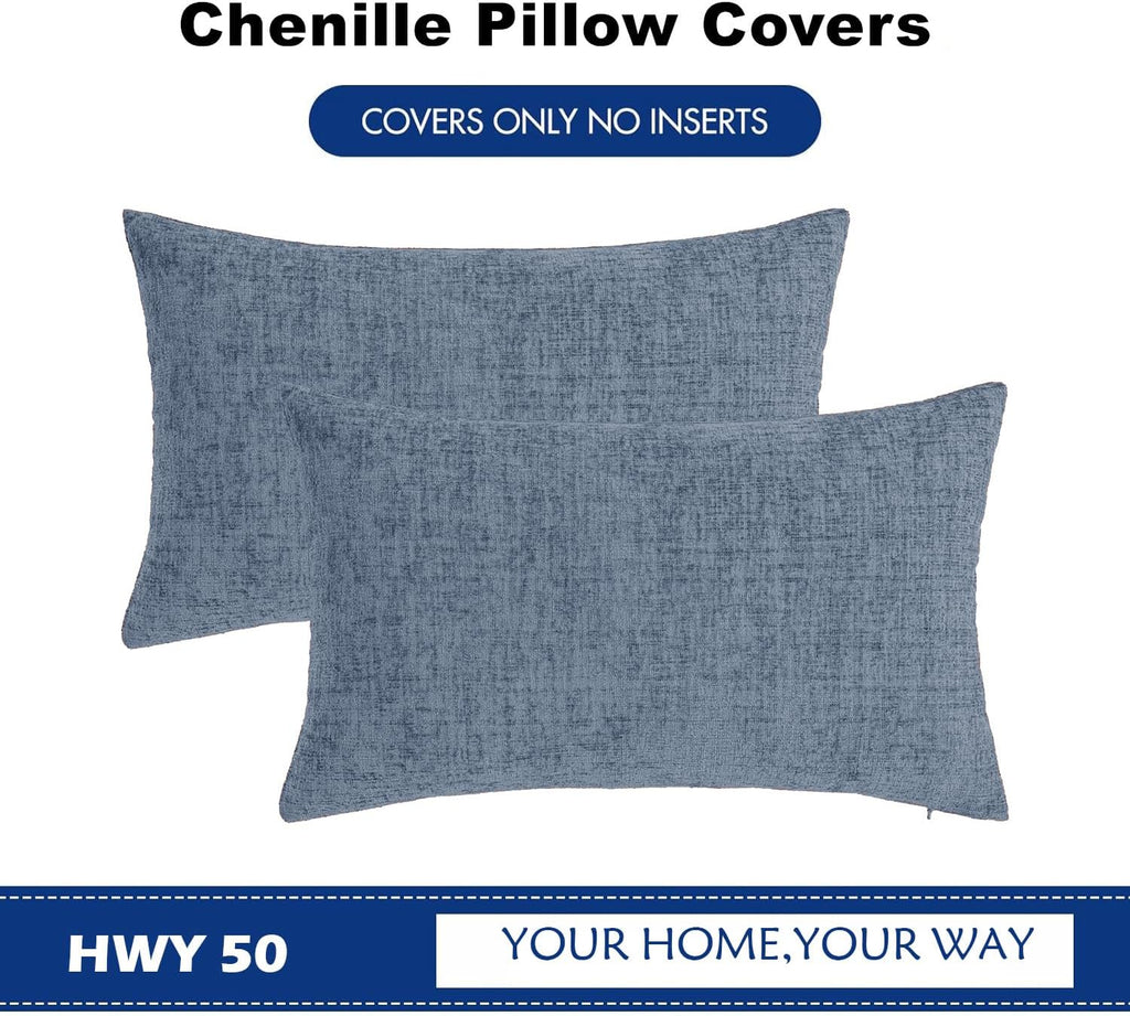 Hwy50 HWY 50 Dark Grey Blue Lumbar Pillow Covers 12x20 Inch Pack of 2, Soft Chenille Decorative Throw Pillow Covers Farmhouse for Couch Sof…