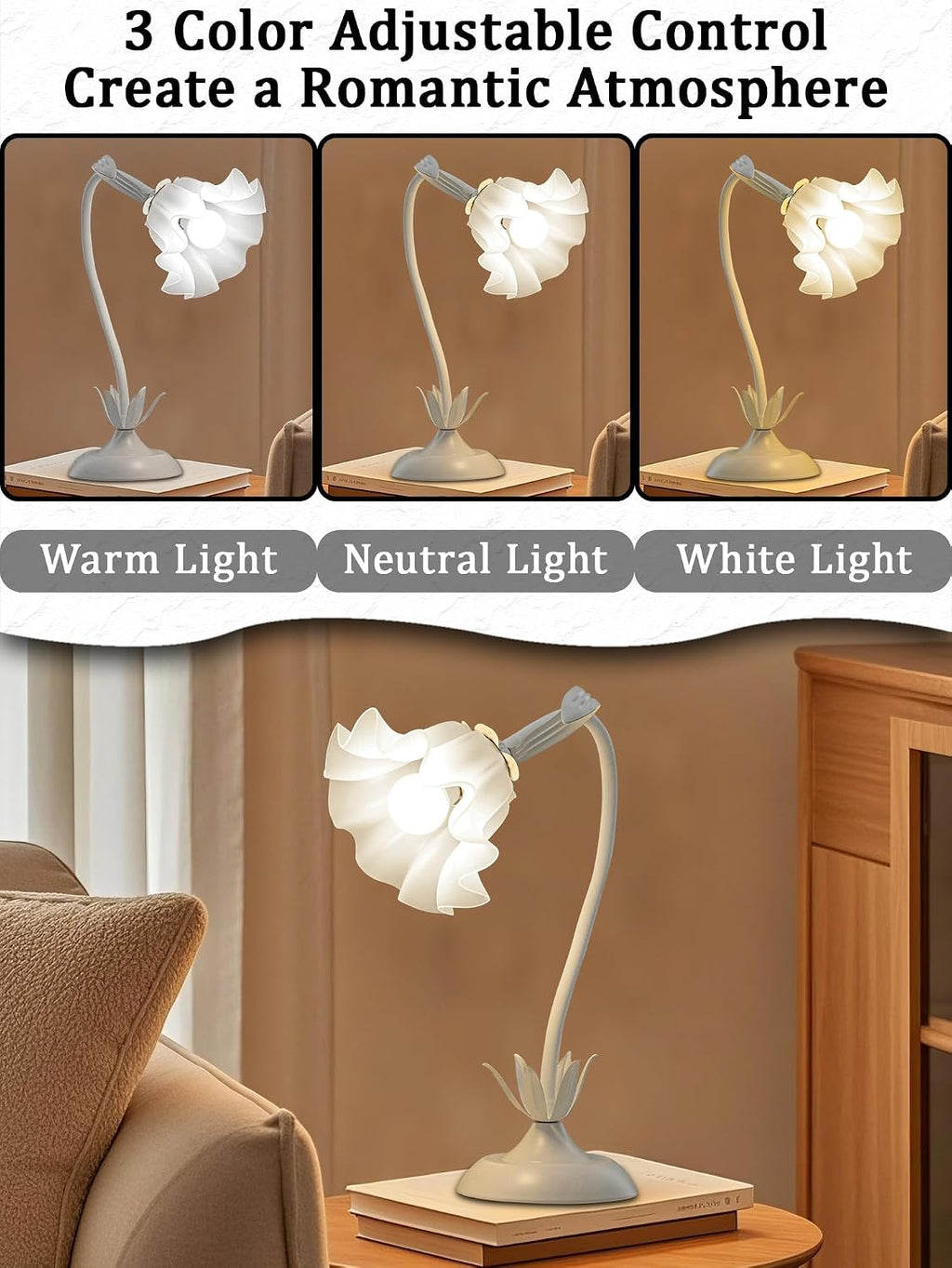 Flower Table Lamp, Bedside Table Lamp for Bedroom LED Reading Light 3 Color Modes, Vintage Flower Lamp Kawaii Table Lamps Desk Living Room…