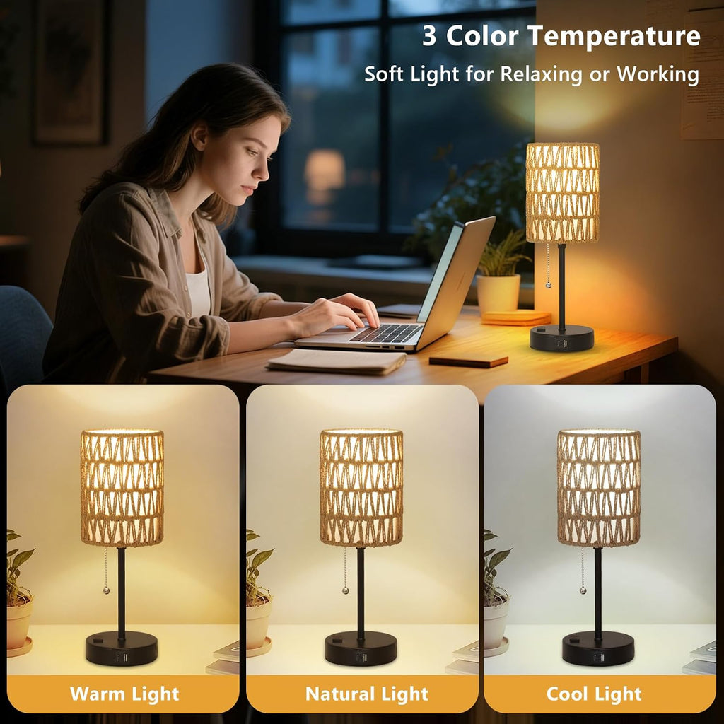 Rattan Bedside Table Lamps Set of 2 - Boho Lamps With 3 Color Temperatures & USB AC Port, Pull Chain Table Lamp For Bedroom, Cute Small…