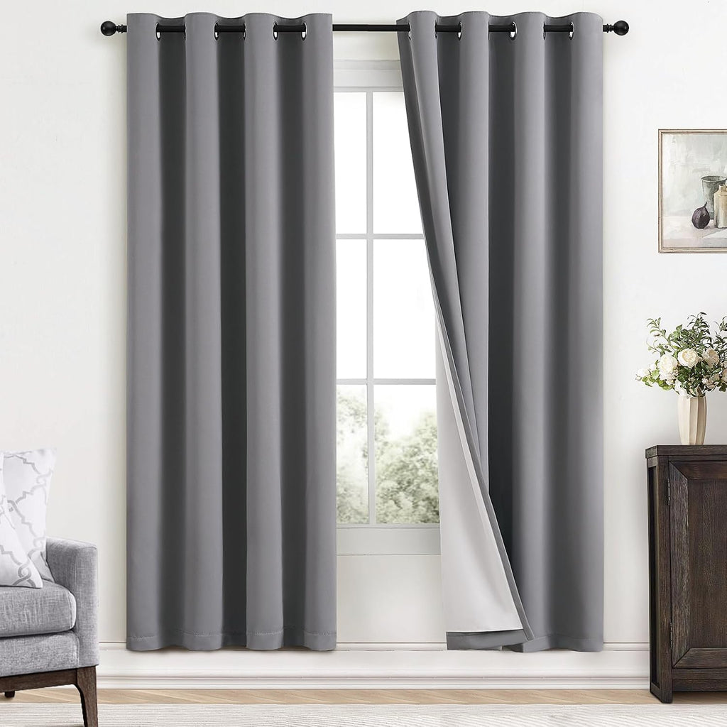 Yakamok Grey Room Darkening 100% Blackout Curtains Grommet Window Treatments with 2 Thick Layers-Gray Thermal Insulated Drapes Set of 2 Pan…