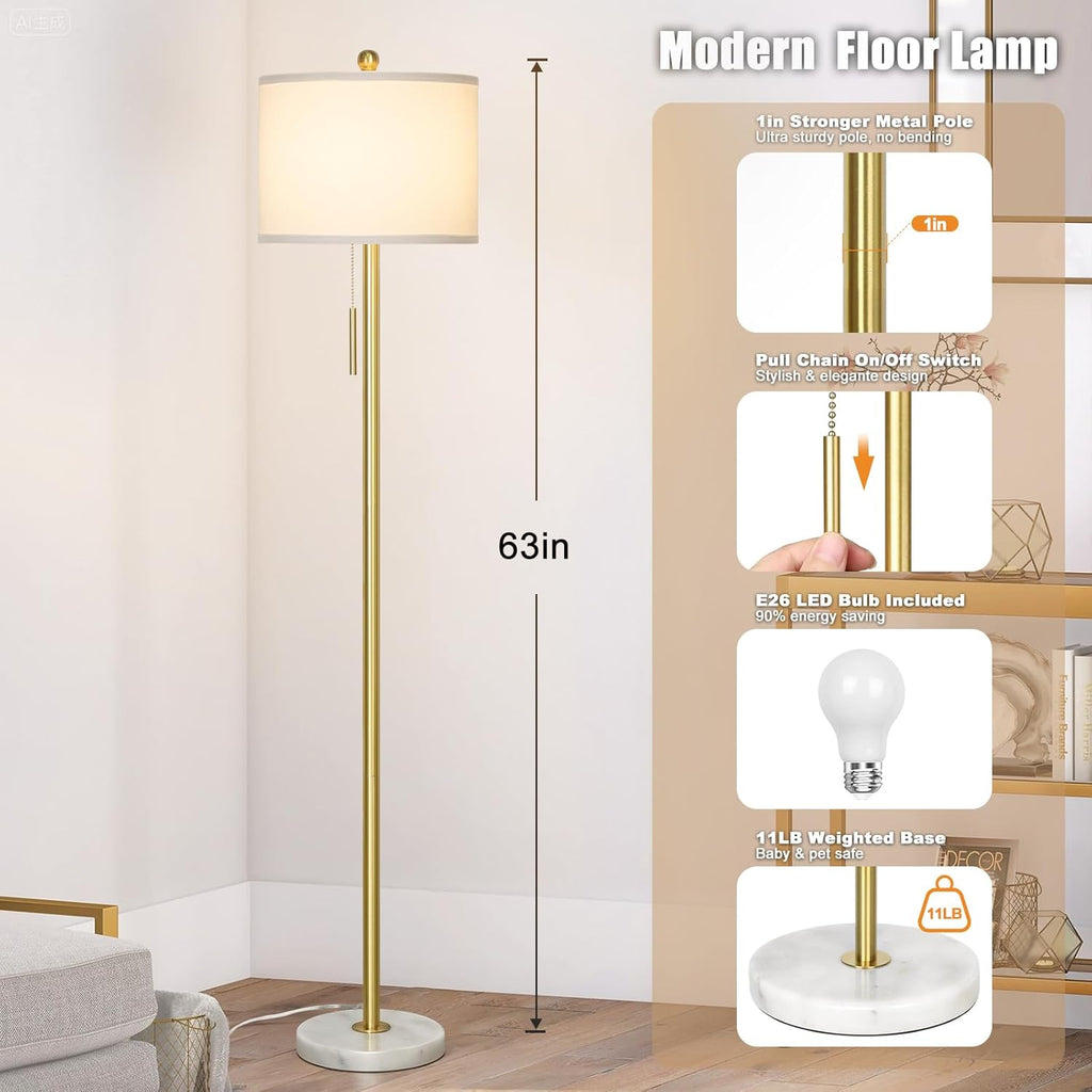 Qingmiao 【Upgraded】 Dimmable Gold Floor Lamps for Living Room, 63in Modern Standing Lamp with Marble Base, Tall Pole Light with White…