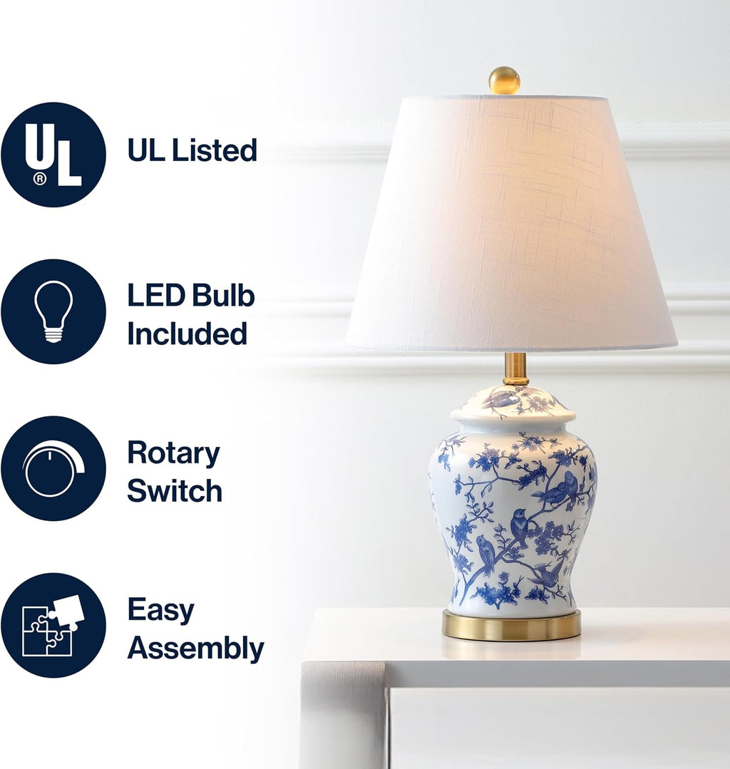 JONATHAN Y 22" Blue/White Ceramic Table Lamp, French Country Chinoiserie Ginger Jar LED Bedside Lamp for Living Room Bedroom, White Linen…