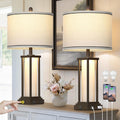Cinkeda 27" Tall Vintage Table Lamps with USB C+A & Outlet, Brown End Table Lamp Set of 2 for Living Room, Rustic Bedside Lamps with…