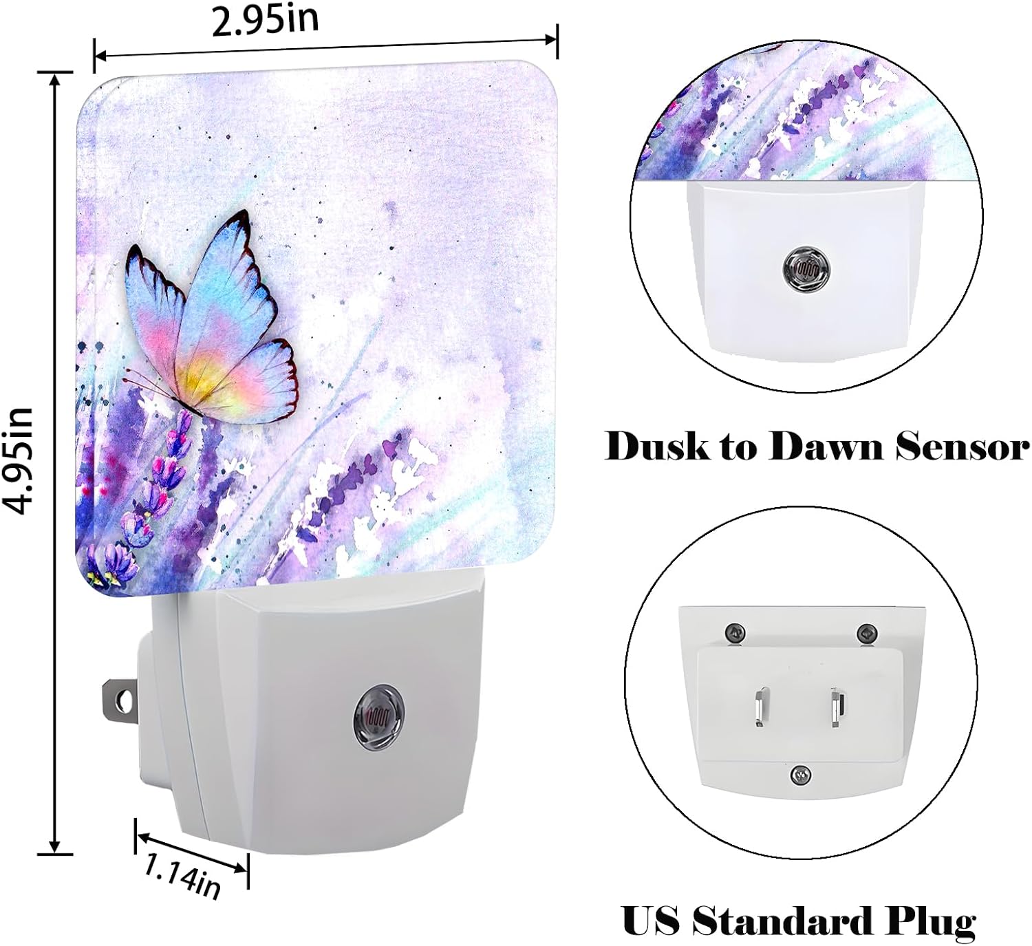 Lavender Butterfly Night Light, Plug-in Nightlights Auto Sensor Night Lamp Dusk-to-Dawn Lamp Home Decor for Nursery Children Girls Boys