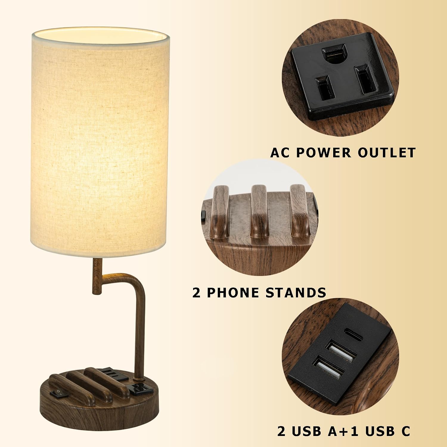 Dreamholder Table Lamp with 3 USB Charging Ports, Modern Desk Lamp with AC Outlet and Phone Stands, Perfect Bedside Lamp for Bedroom…