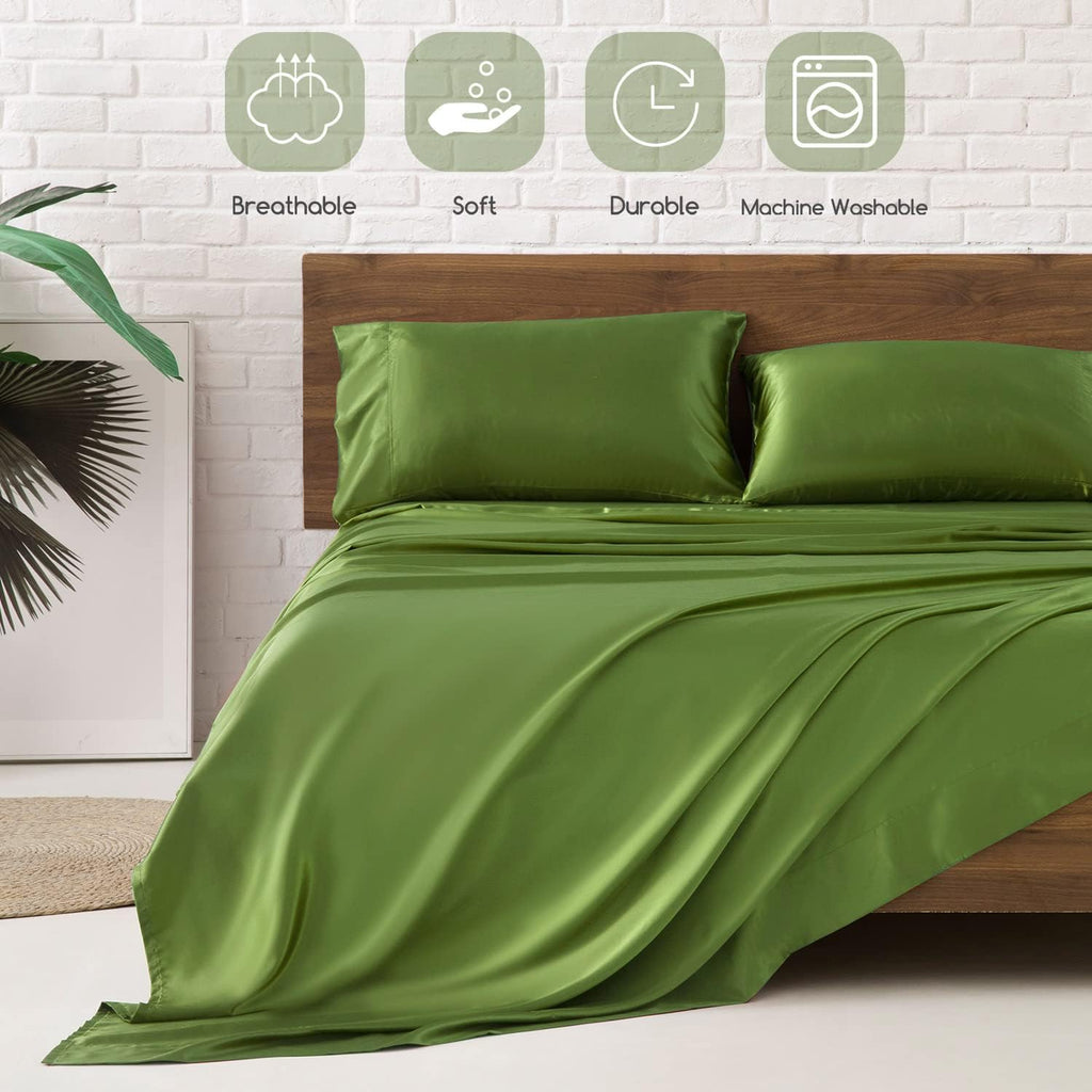 MR&HM Satin Bed Sheets, Twin Size Sheets Set, 3 Pcs Silky Bedding Set with 15 Inches Deep Pocket for Mattress(Twin, Sage) 3 Pcs 15 Inc…