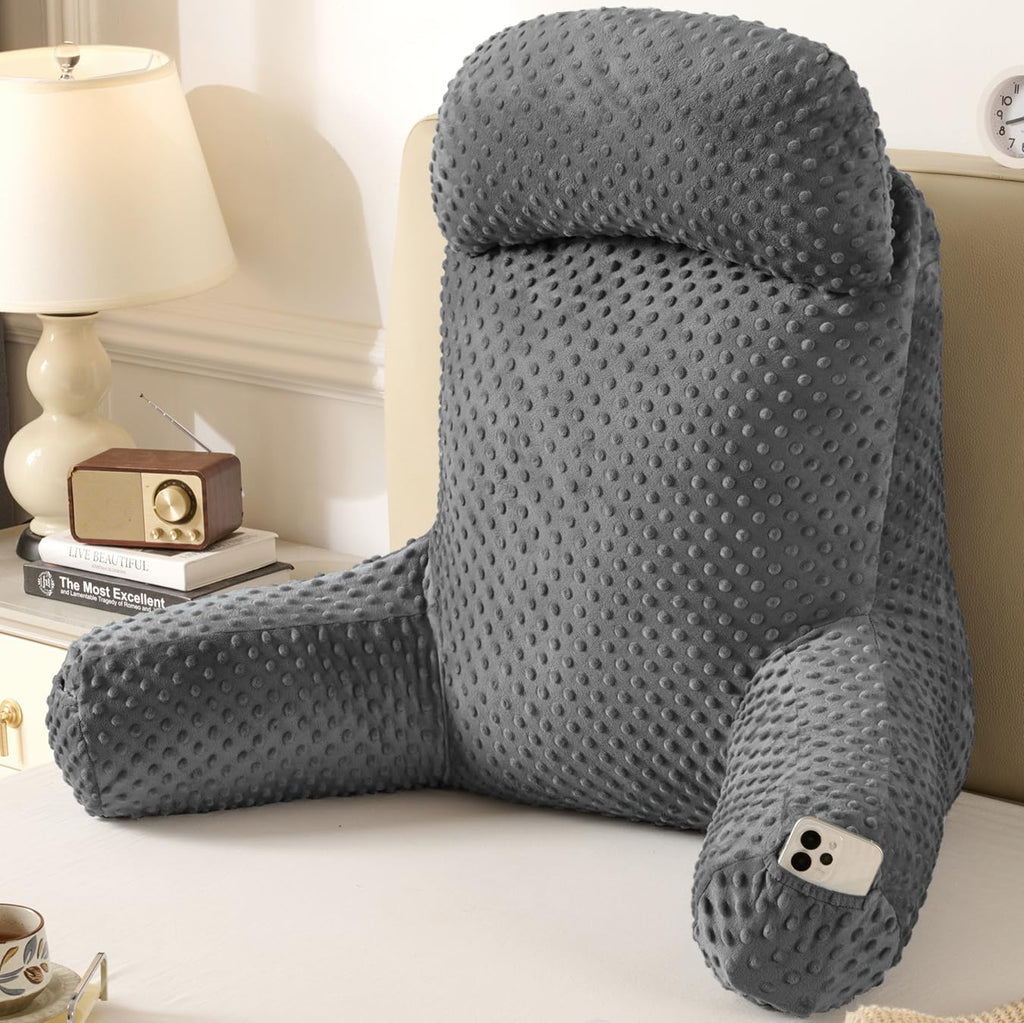Reading Pillow for Sitting in Bed Couch Adult, Back Pillow for Bed Sitting Up, Back-Rest Support Cushion with Pockets and Arms, Watching…