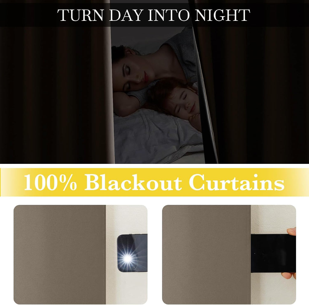 Nicetown 100% Blackout Tan Curtains 96 inch Long, Grommet Thermal Insulated Portable Travel Blackout Window Treatment Easy to Install for L…