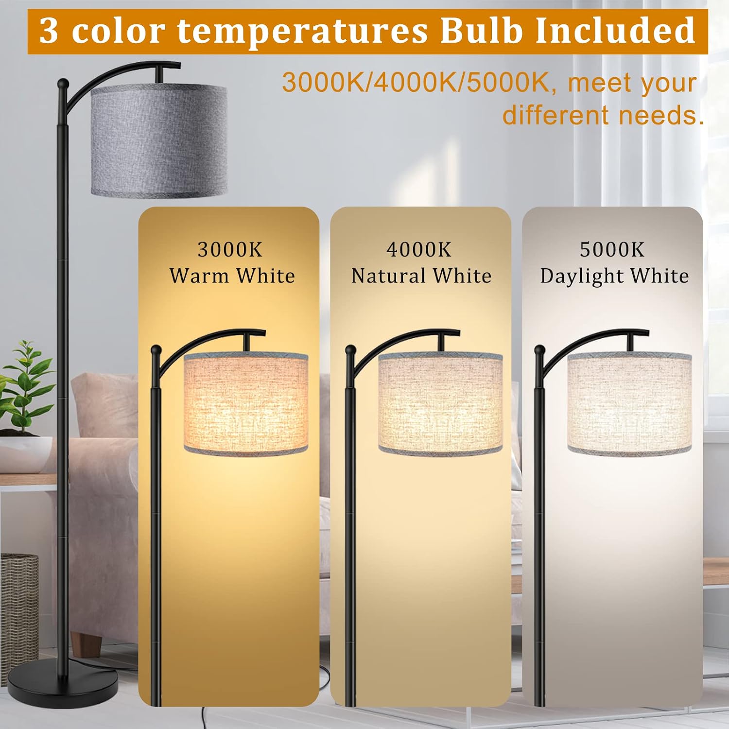 Floor Lamp with 3CCT LED Bulb, Gray Linen Lamp Shade for Living Room, Modern Standing Lamp for Bedrooms - Black