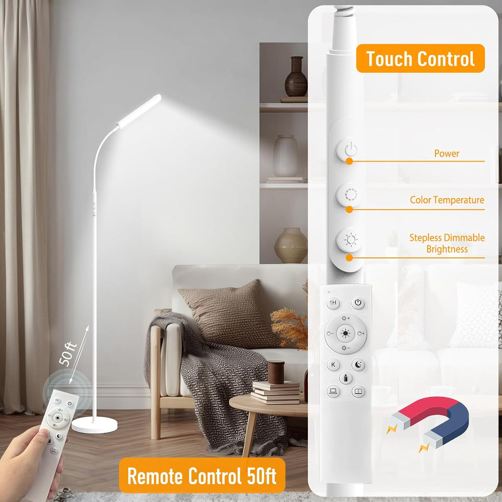 Marctronic White Floor Lamp, 18W 1800LM Bright LED Floor Lamps for Living Room Bedroom, Dimmable Timing Eye Caring Reading Standing Lamp wi…