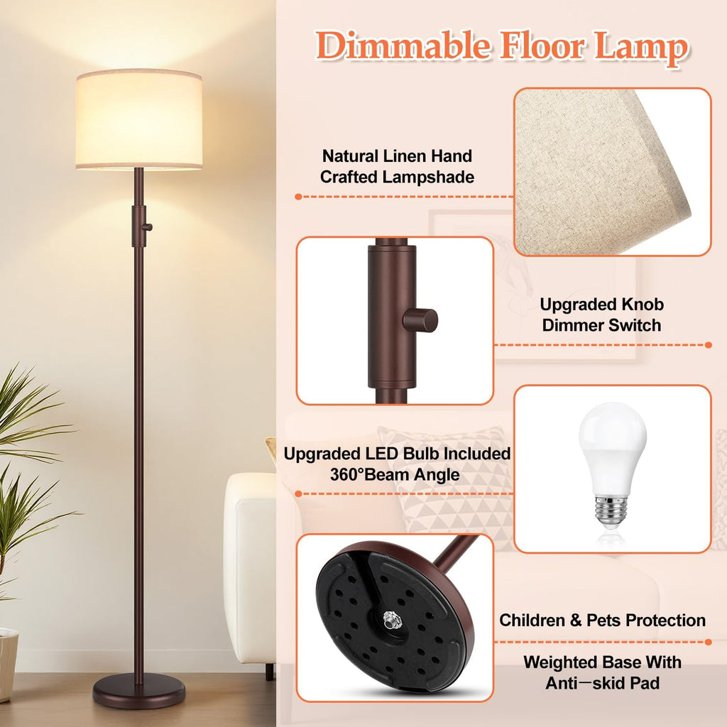Upgraded】 Dimmable Floor Lamp, Modern Floor Lamps for Living Room, Standing Lamp with Linen Shade, Tall Lamp for Bedroom Office Dining…