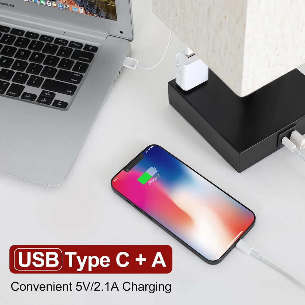 Bedside Table Lamp for Bedroom - Touch Small Lamp with USB C+A Charging Ports & AC Outlets, 3 Way Dimmable Nightstand Light for Living…