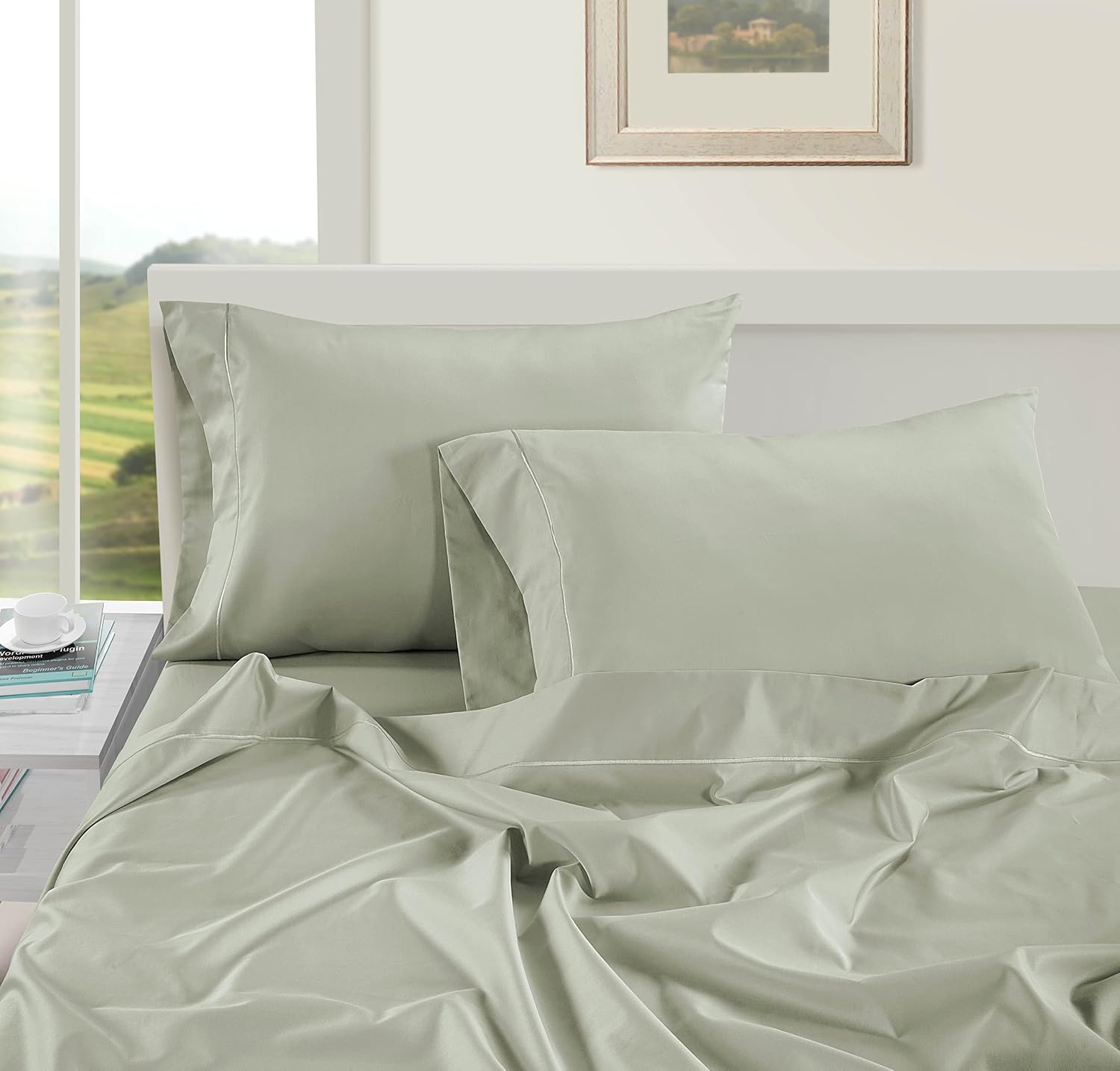LaneLinen LANE LINEN Pillow Case Covers King Set of 2 100% Egyptian Cotton Sateen Soft Cool & Smooth Cases - Mineral Cotton