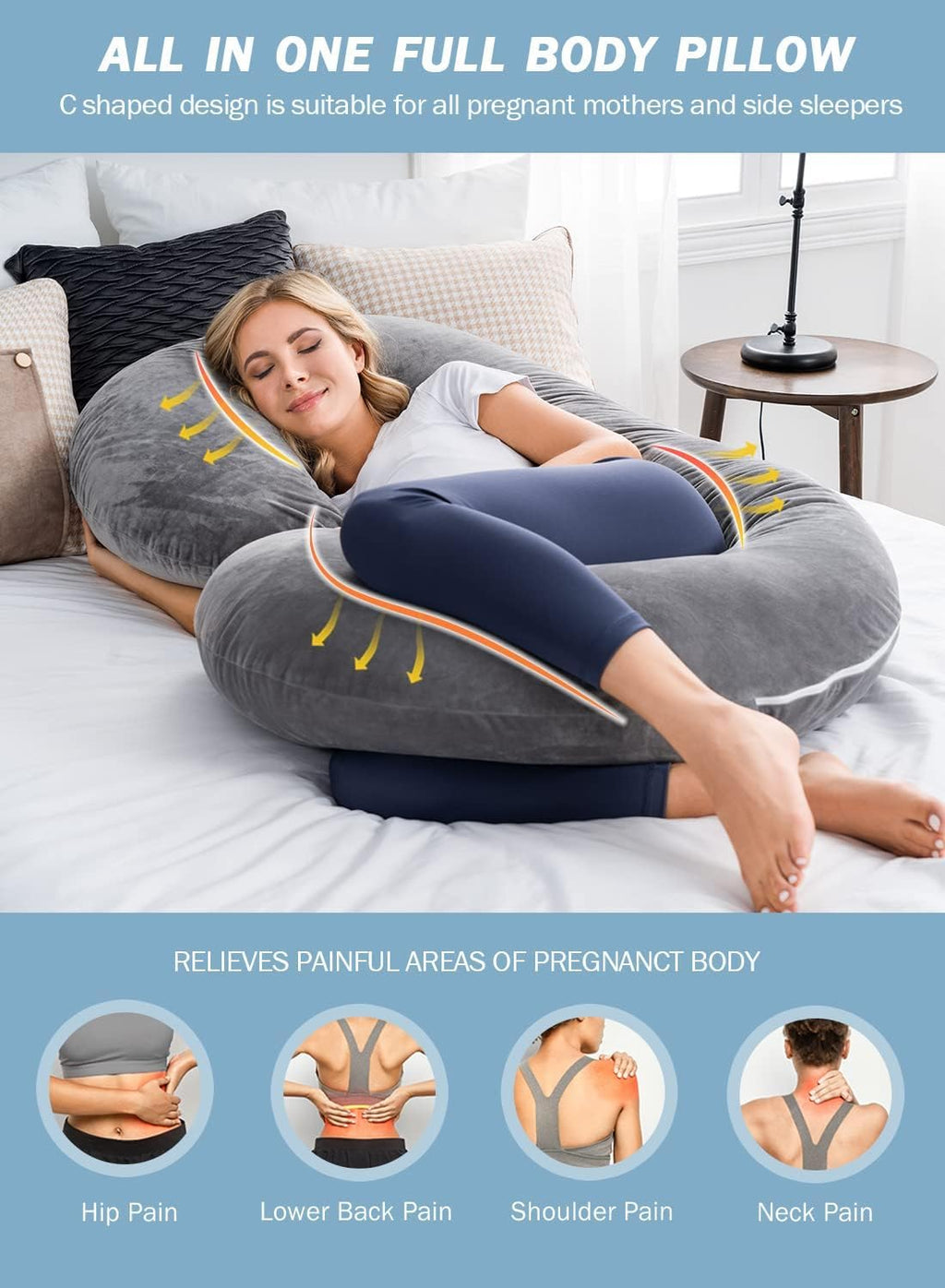 INSEN Pregnancy Pillow for Sleeping, Maternity Pillow with Jersey Cotton Cover, C Shaped Body Pillow for Pregnant (Gray)