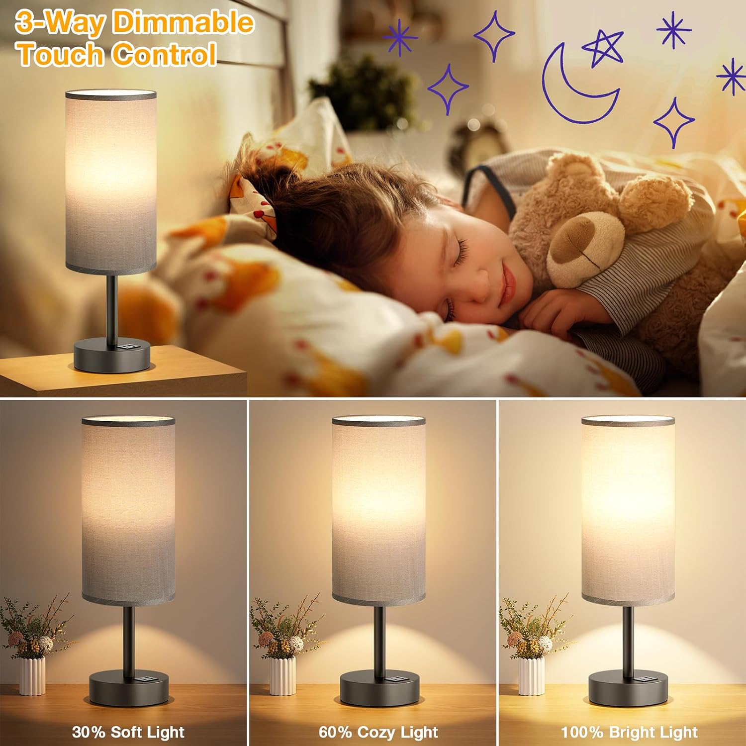 Dicoool Small Touch Bedside Lamp with USB - 3 Way Dimmable Grey Table Lamp for Bedroom, Nightstand Lamp with Charging Station for Desk…