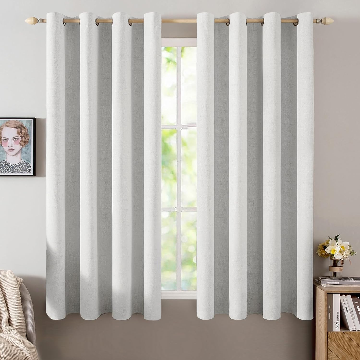 Miulee Linen Textured Curtains for Bedroom Solid 100% Blackout Thermal Insulated Heathered White Grommet Room Darkening Curtains & Drapes L…