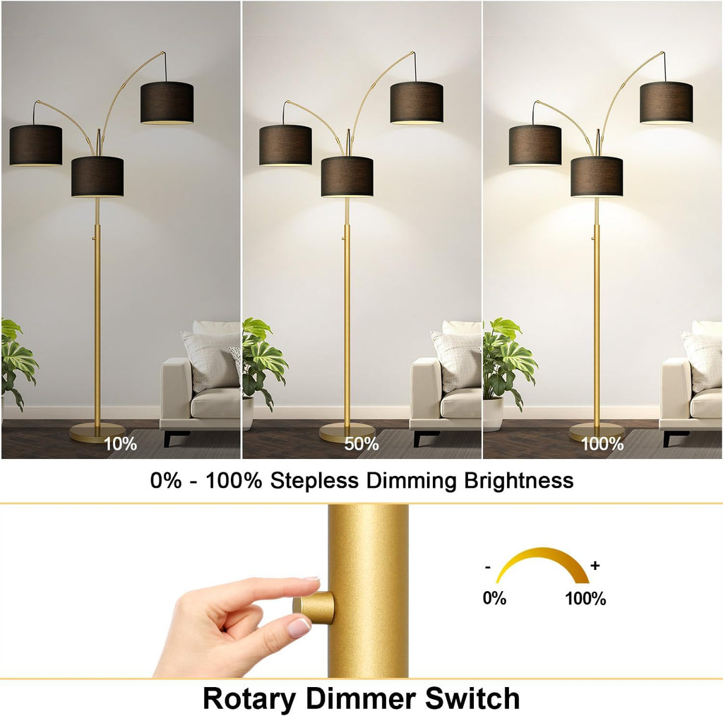 Dimmable Floor Lamp - 3 Lights Gold Arc Floor Lamps for Living Room, 1000LM Modern Tall Standing Lamp With Black Shades&Heavy Base, Mid…
