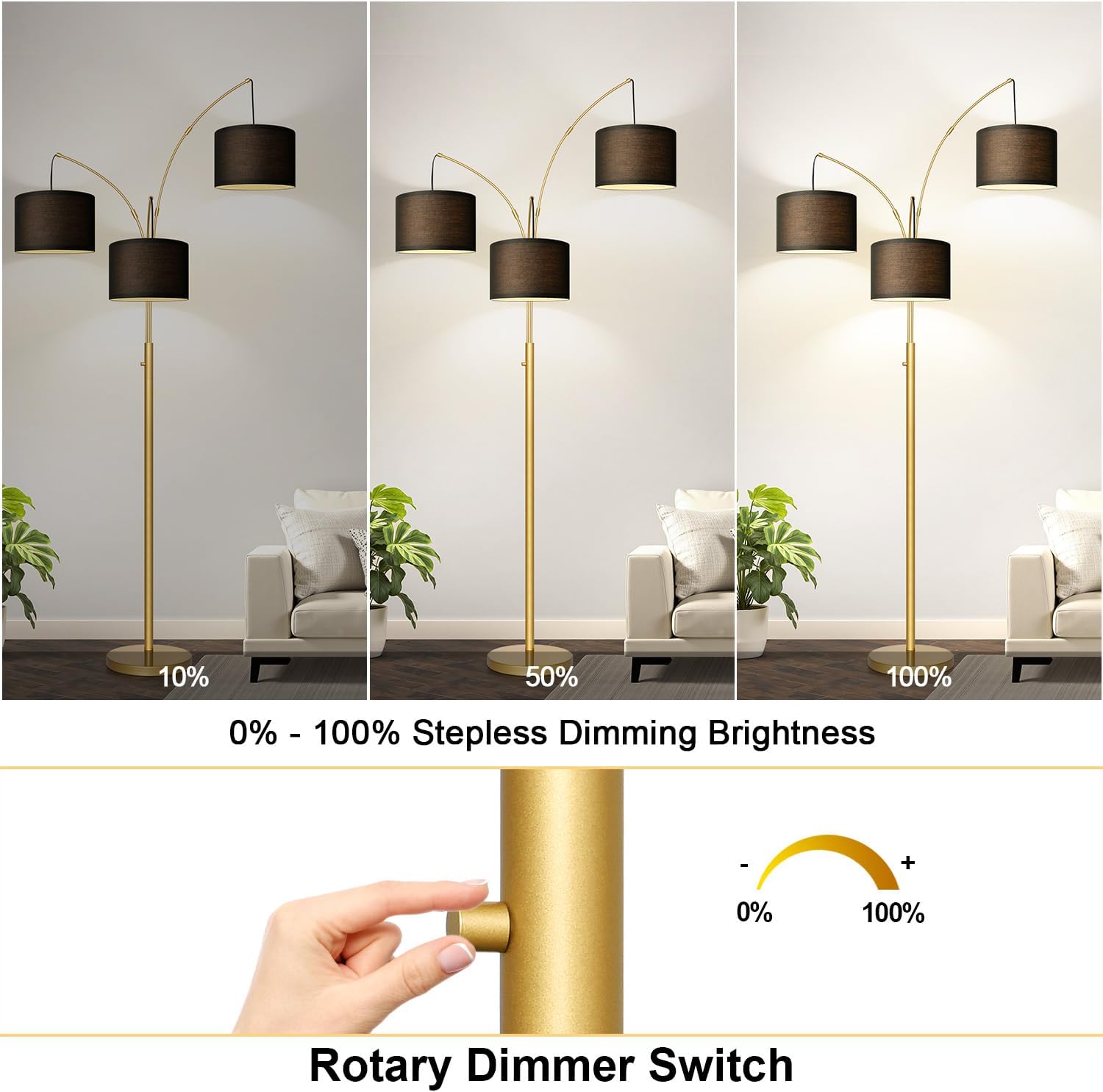 Dimmable Floor Lamp - 3 Lights Gold Arc Floor Lamps for Living Room, 1000LM Modern Tall Standing Lamp With Black Shades&Heavy Base, Mid…