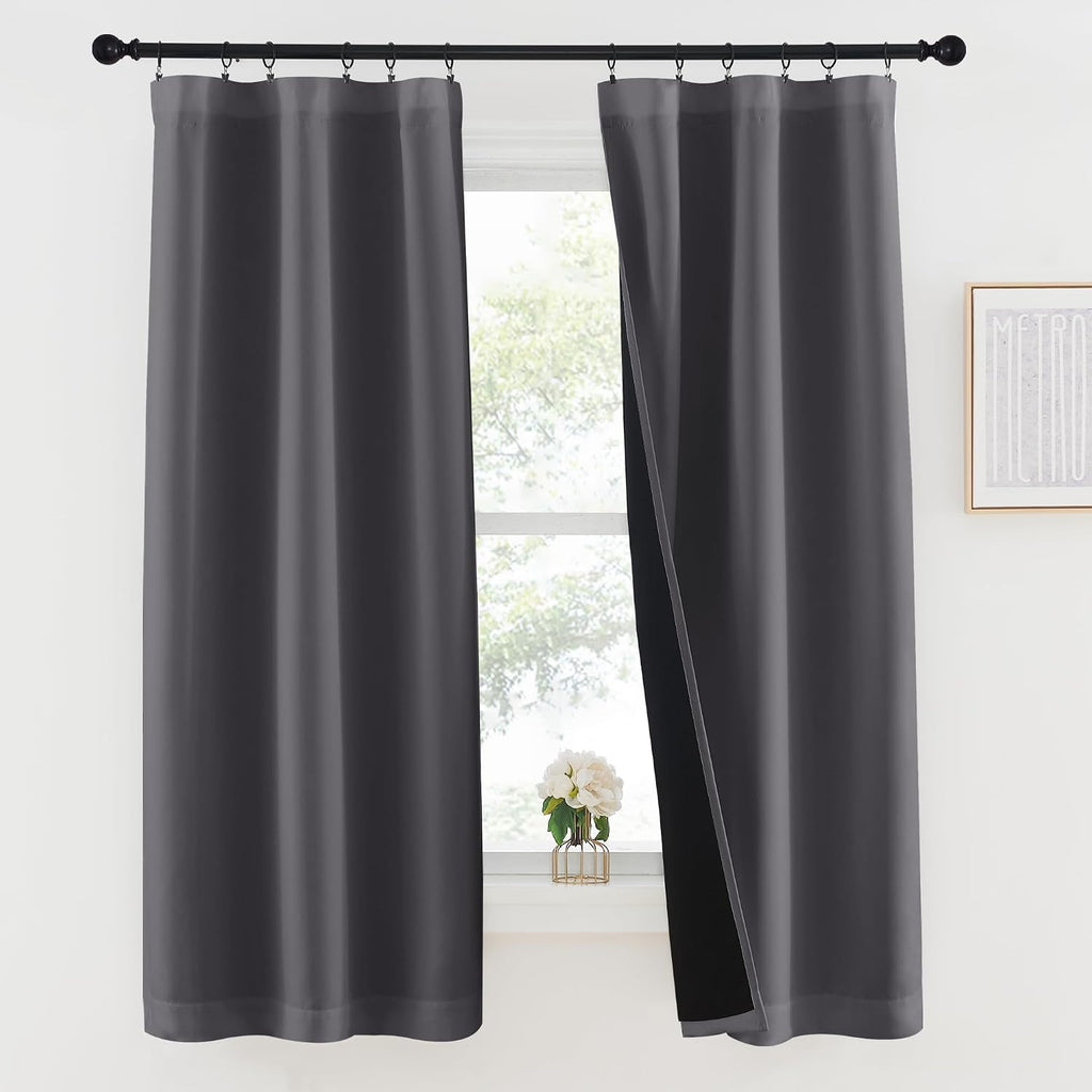 Nicetown Grey 100% Blackout Lined Curtains, 2 Thick Layers Completely Blackout Rod Pocket Thermal Insulated Drapes for Kitchen/Bedroom (1 P…