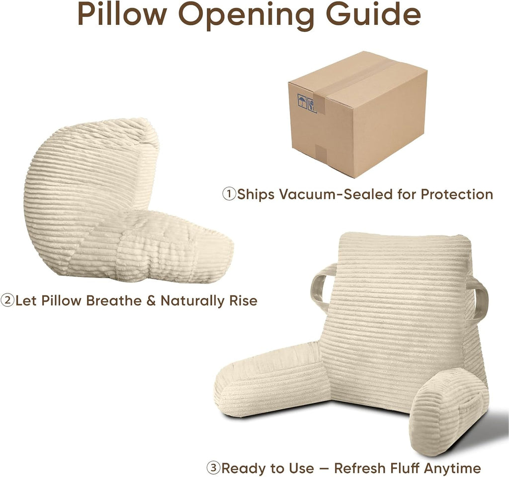 Reading Pillow for Sitting in Bed Adult, Bed Reading Pillow with Shredded Memory Foam, Back Pillow for Sitting with Arms and Pockets, Beige