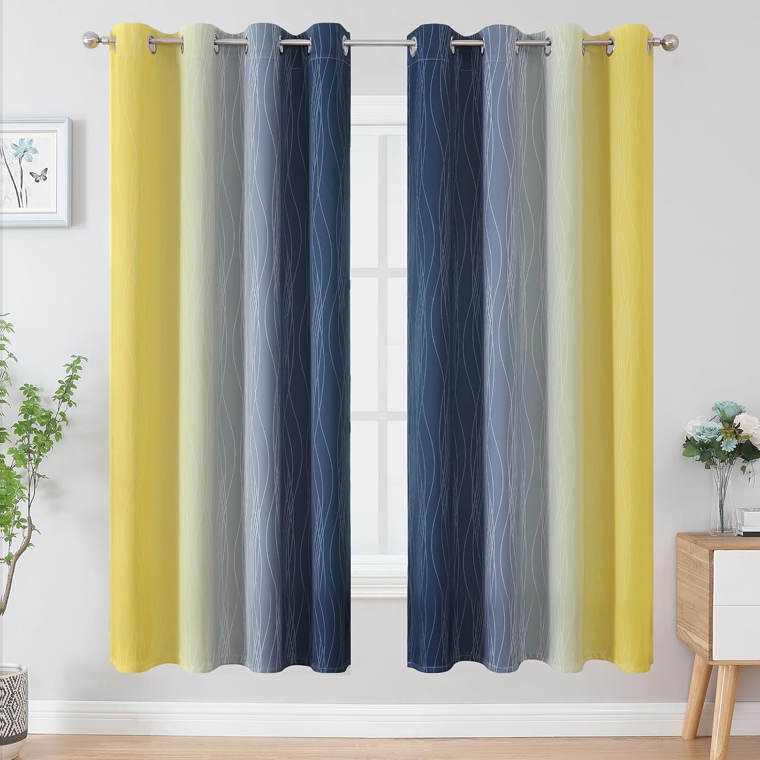 Estelartextiler Estelar Textiler Navy Blue and Yellow Blackout Curtains 72 Inch Length 2 Panels Set, Full Room Darkening Grommet Ombre Curt…