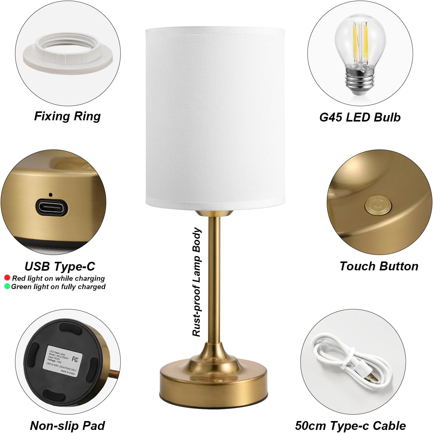 Touch Control Cordlss Table Lamp, USB-C Rechargeable Lamp with Stepless Dimming, 4000mAh Battery Operated Vintage Bedside Lamp for…