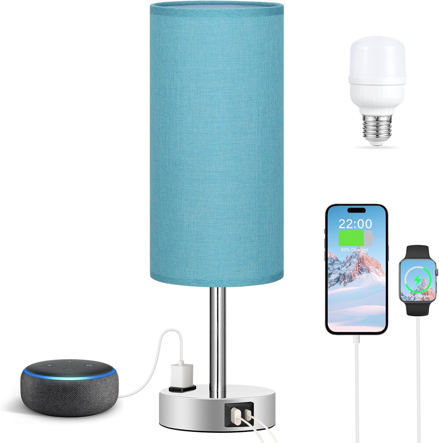 Fenmzee Turquoise Nightstand Table Lamp for Bedroom - 3 Way Dimmable Touch Lamp USB A and C Charging Ports and AC Outlet, Small Lamp for…