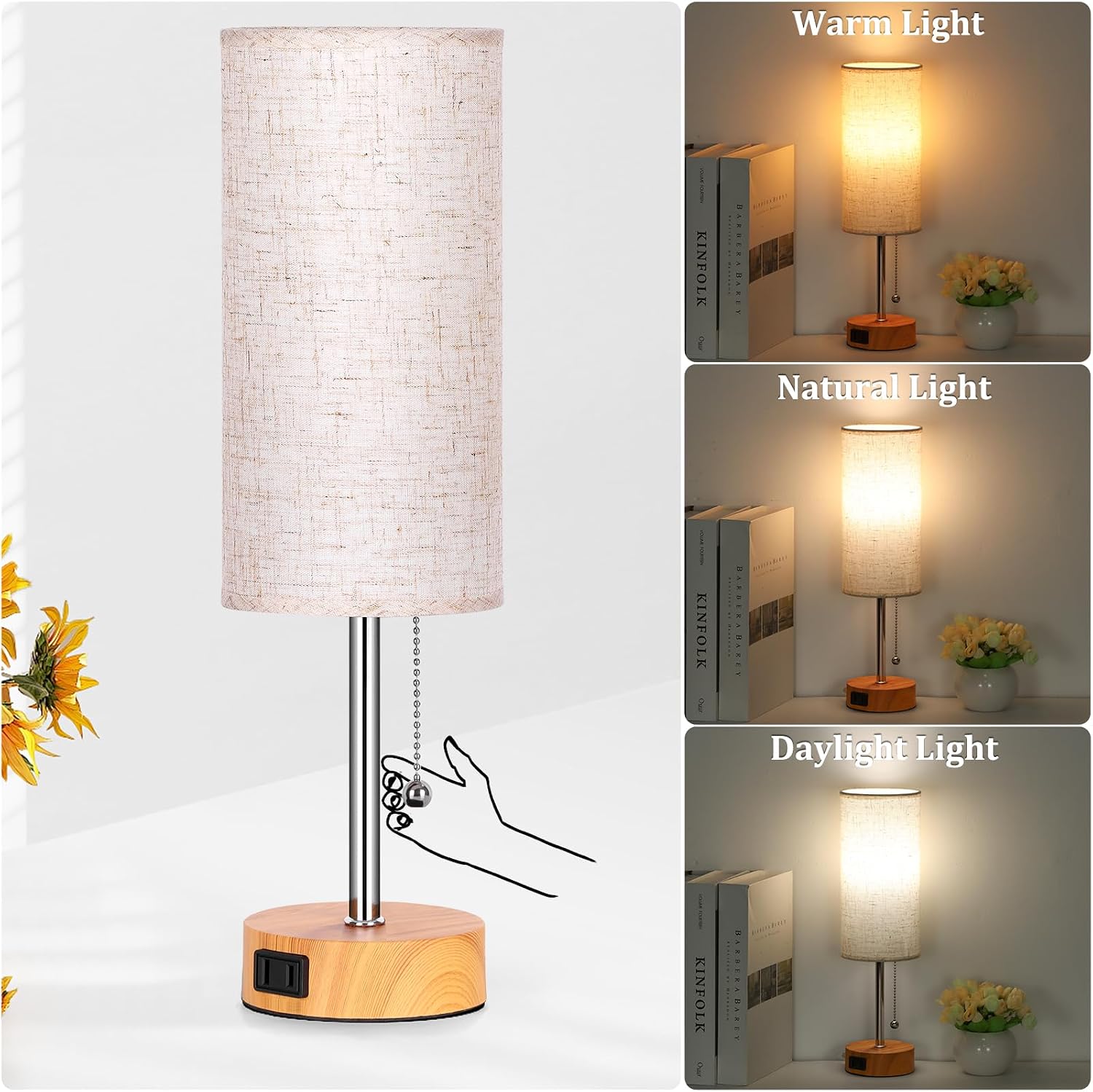Dott Arts Table Lamp for Bedroom, 3-Color Bedside Lamps with Pull Chain, Bedroom Table Lamps for Nightstand, AC Outlet Small Lamp for…