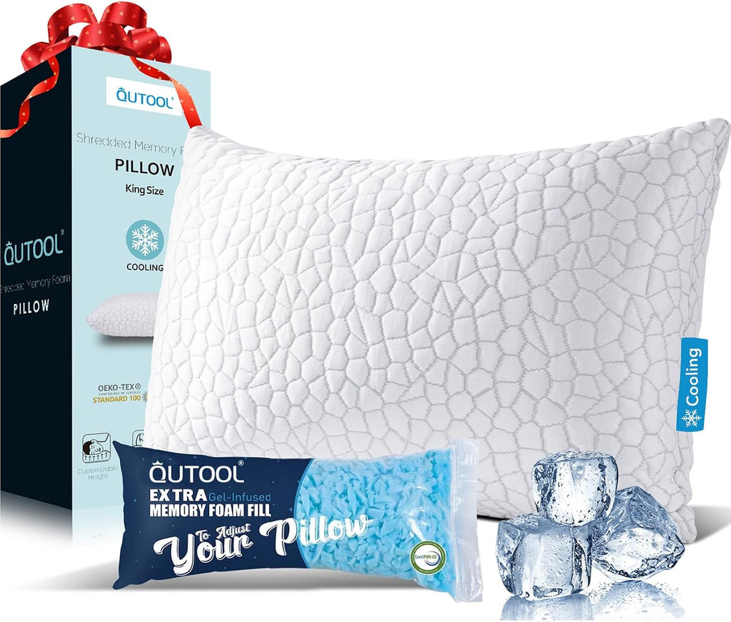 Qutool Cooling Pillow for Sleeping, CertiPUR-US Shredded Memory Foam King Pillow Set of 1, Cool Pillow for Hot Sleepers Adjustable Firm Pil…