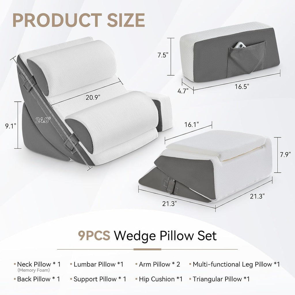 Yojoker 9PCS Orthopedic Bed Wedge Pillow Set for Sleeping, Back and Leg, Post Surgery Foam Pillow for Body, Triangle Adjustable Support Pi…