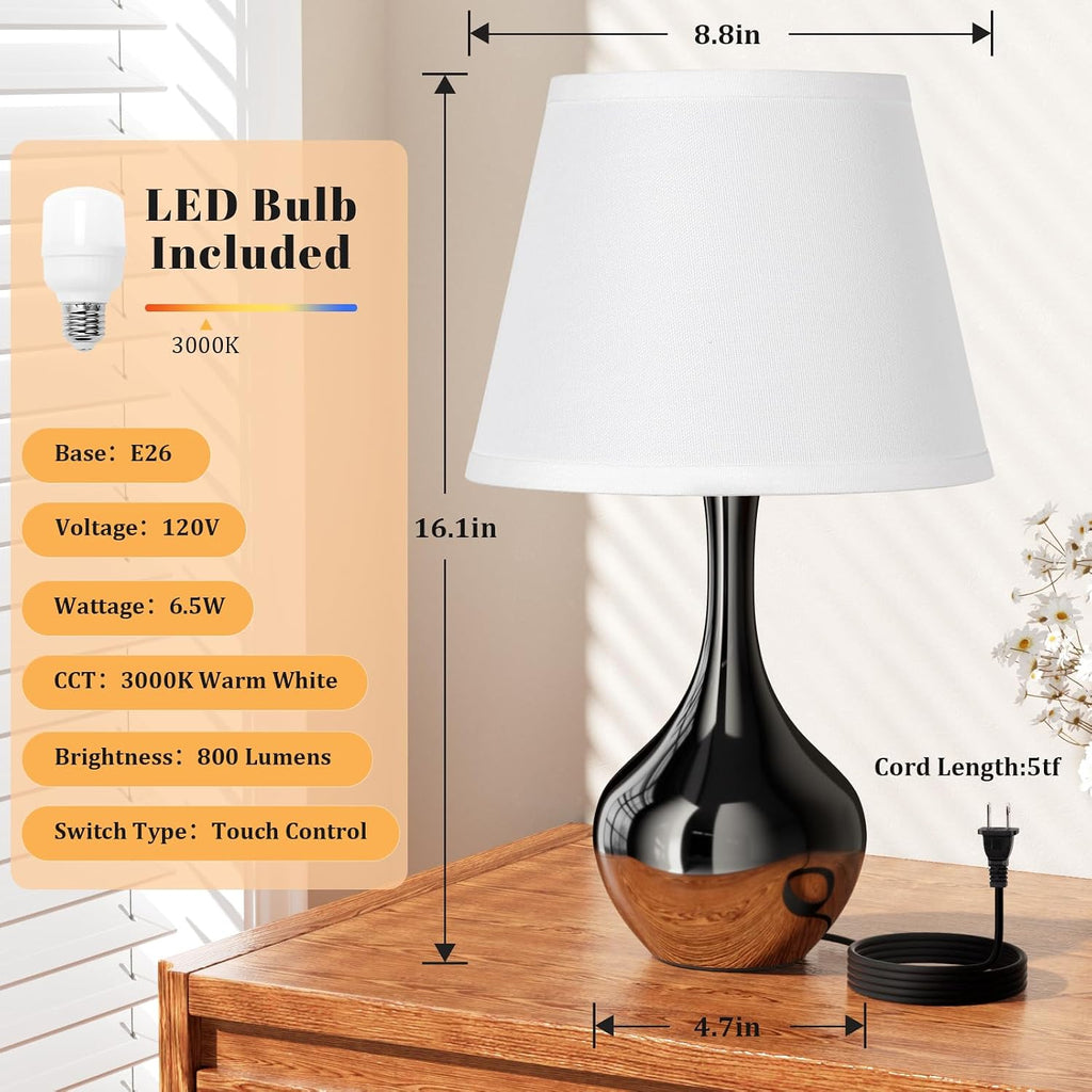Seealle Touch Table Lamp for Bedroom, 3-Way Dimmable Small Bedside Lamps for Night Stands with Wires, Gloss Black Desk Lamp for Kids…