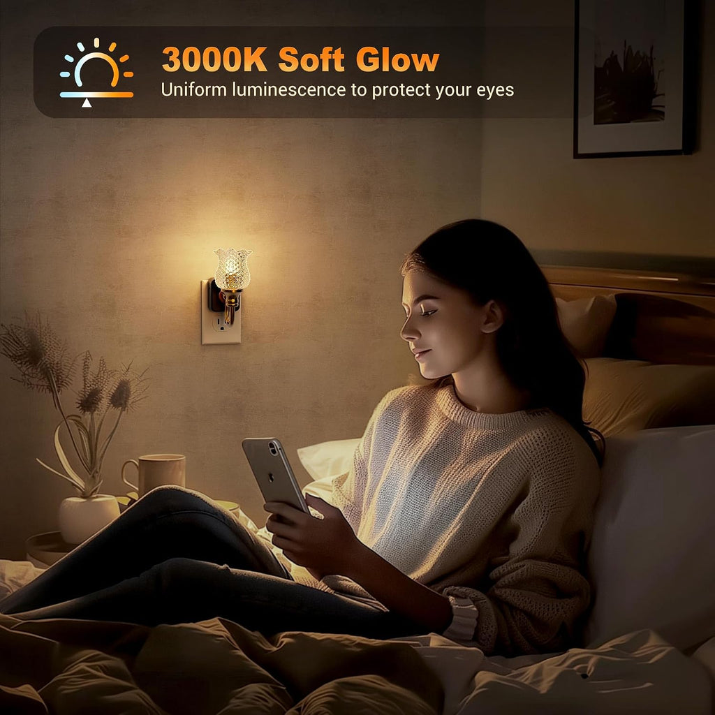 JandCase Night Light, 2 Pack Glass Night Lights Plug into Wall, Dimmble Floral LED Nightlight, 0-100 LM Flower Nightlights, Dusk to Dawn…