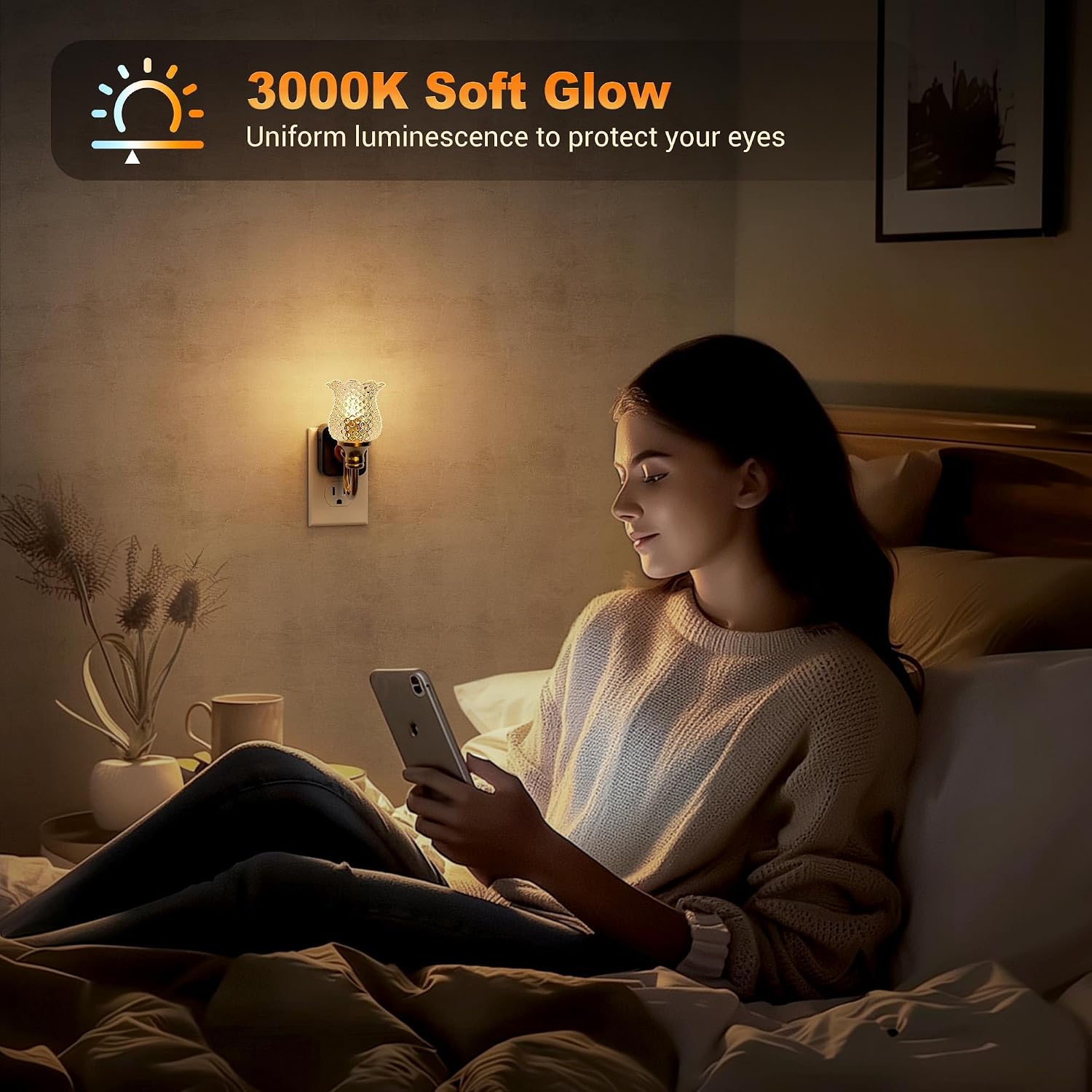 JandCase Night Light, 2 Pack Glass Night Lights Plug into Wall, Dimmble Floral LED Nightlight, 0-100 LM Flower Nightlights, Dusk to Dawn…