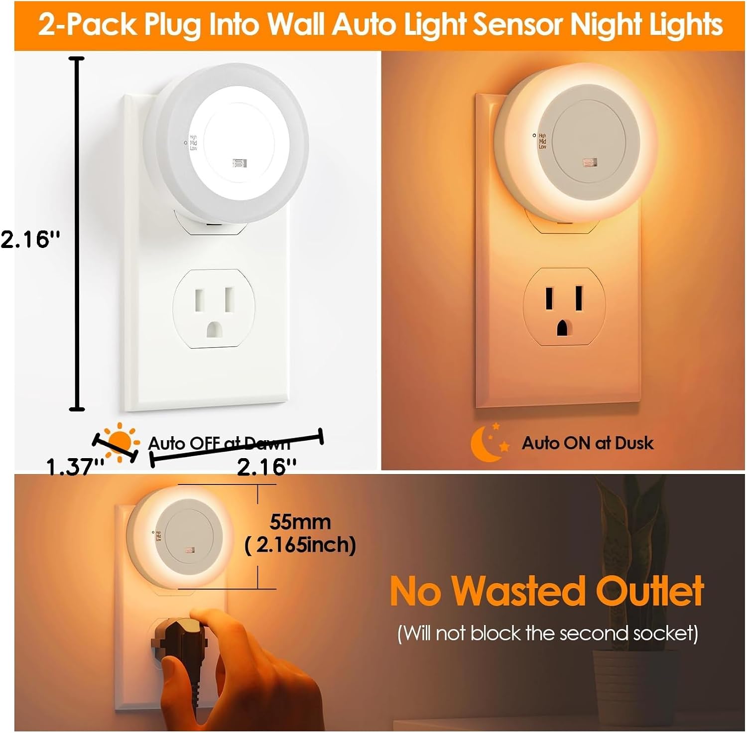 FOLKSMATE LED Night Lights Plug into Wall, Dimmable Plug in Nightlight with Auto Light Sensors for Adults, Kids Room, Bedroom, Bathroom…