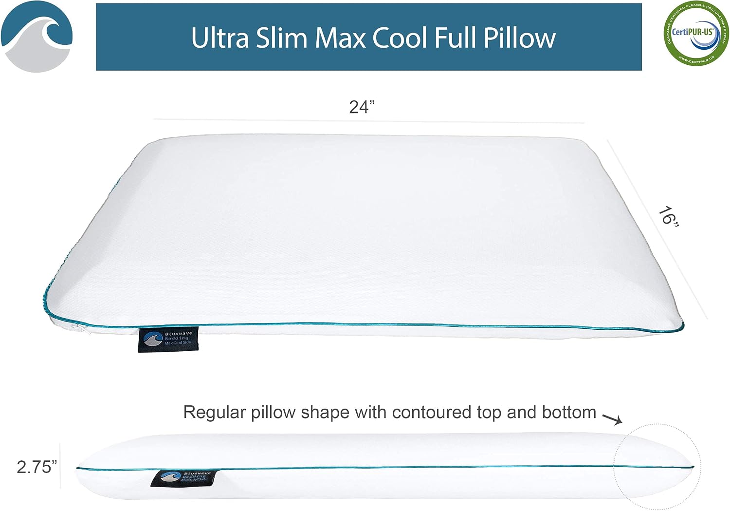 BluewaveBedding Bluewave Bedding Ultra Max Cool CarbonBlue Gel Memory Foam Pillow for Stomach and Back Sleepers - Thin, Flat Design wi…
