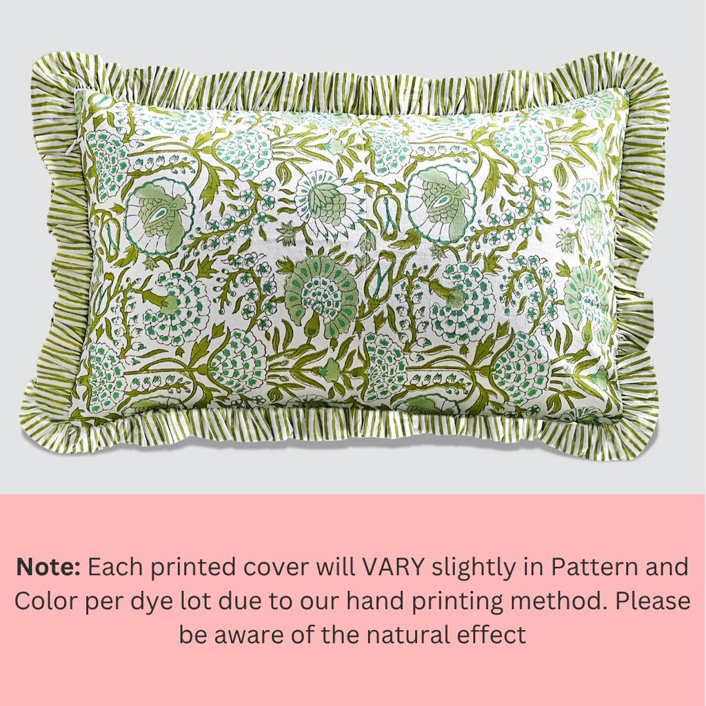 Cottonprintclub CPC Hand Block Print Agate Green Ruffle Sham Pillow Cover 20" x 12" inch Hidden Zipper Decorative Pillowcase for Couch, Bed…