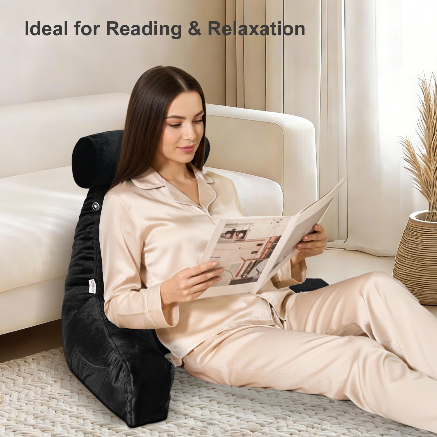 mittaGonG Reading Pillow, Shredded Memory Foam Backrest Pillow for Adult, Detachable Neck Roll, Arm Support with Side Pocket, Washable Crys…