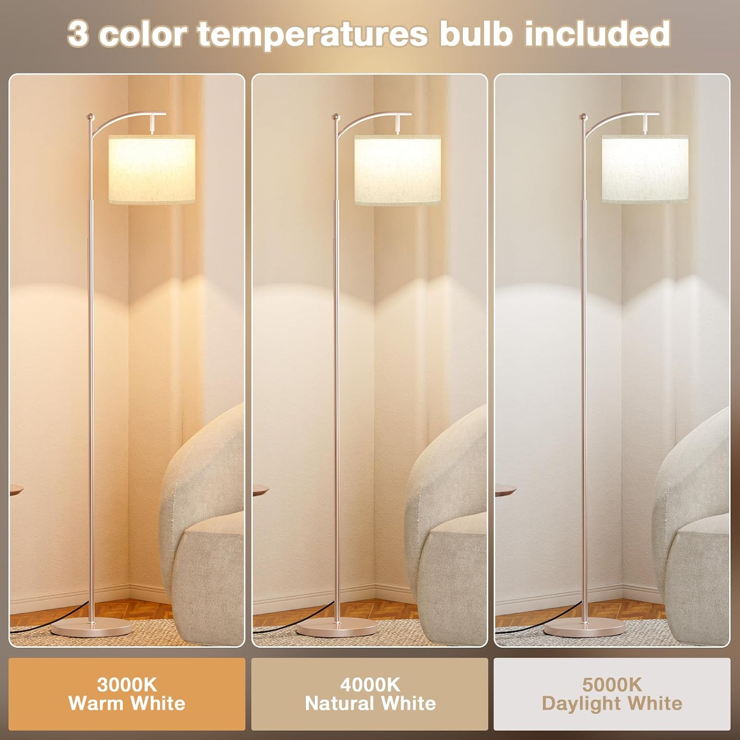 Ambimall 60" Floor Lamp for Living Room with 3 Color Temperatures, Adjustable Beige Shade with Light Gold Pole, Tall Lamp for Bedroom…