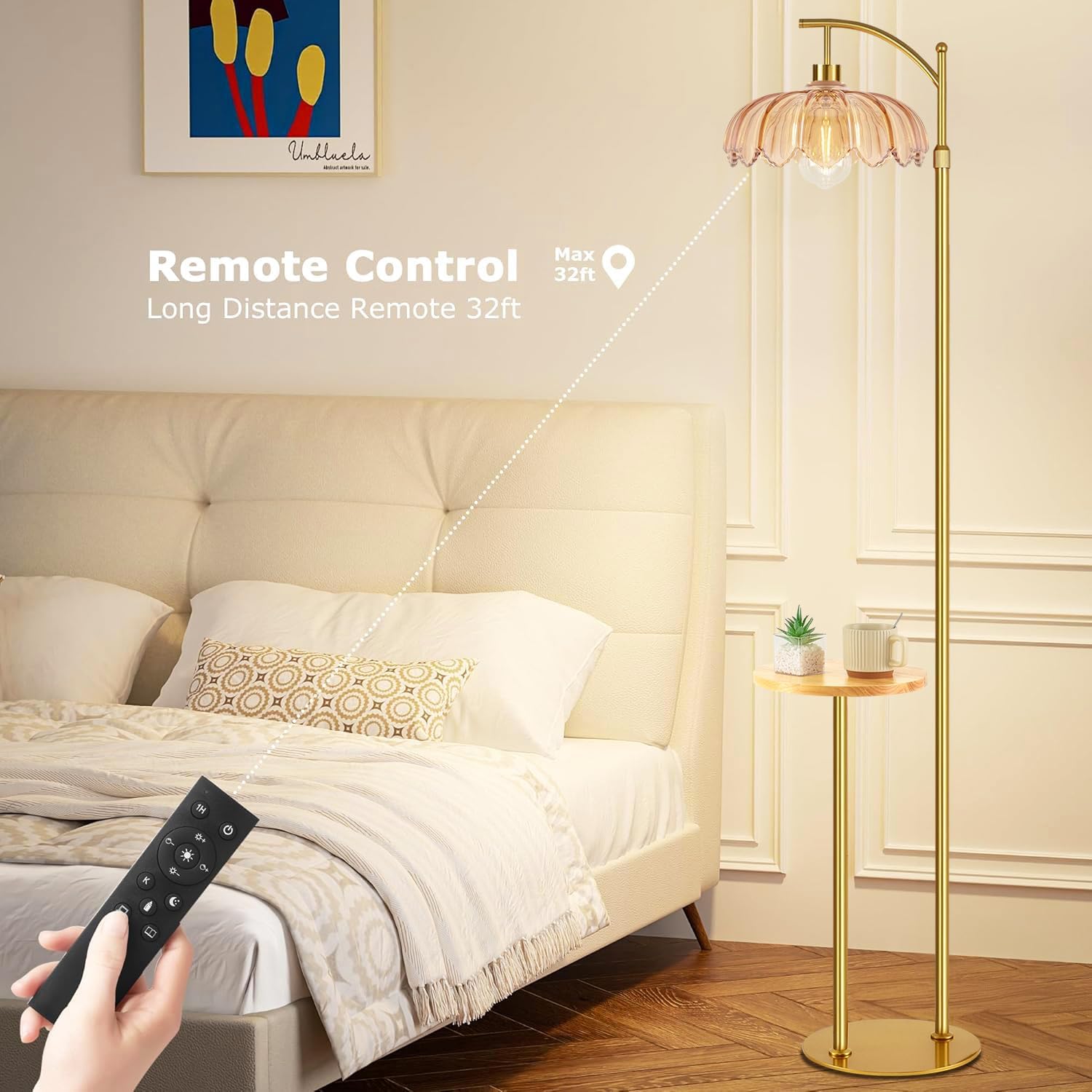 QIYIZM Gold Floor Lamp with Table and Shelves for Living Room Bedroom, Glass Standing Lamp with Remote Dimmable, Boho Brass Tall Lamp…