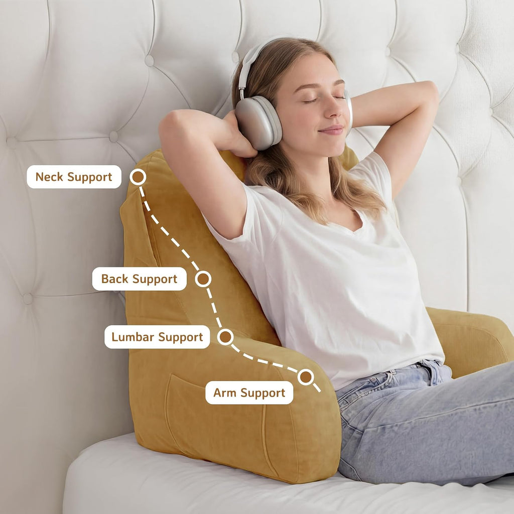 Unisakey Portable Comfy Reading Pillows for Bed Sitting Up(Camel Oeko-Tex), Velvet Back Pillow with Arms & Pockets for Adults, Support…