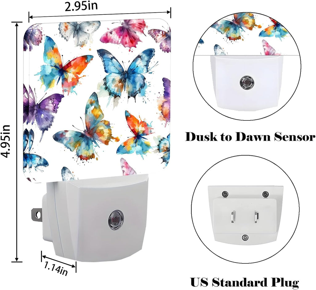 Watercolor Butterflies Night Light, Plug Into Wall for Boys Girls Bedroom Decorative Square Night Light Lamp 0.5w Sleep Friendly