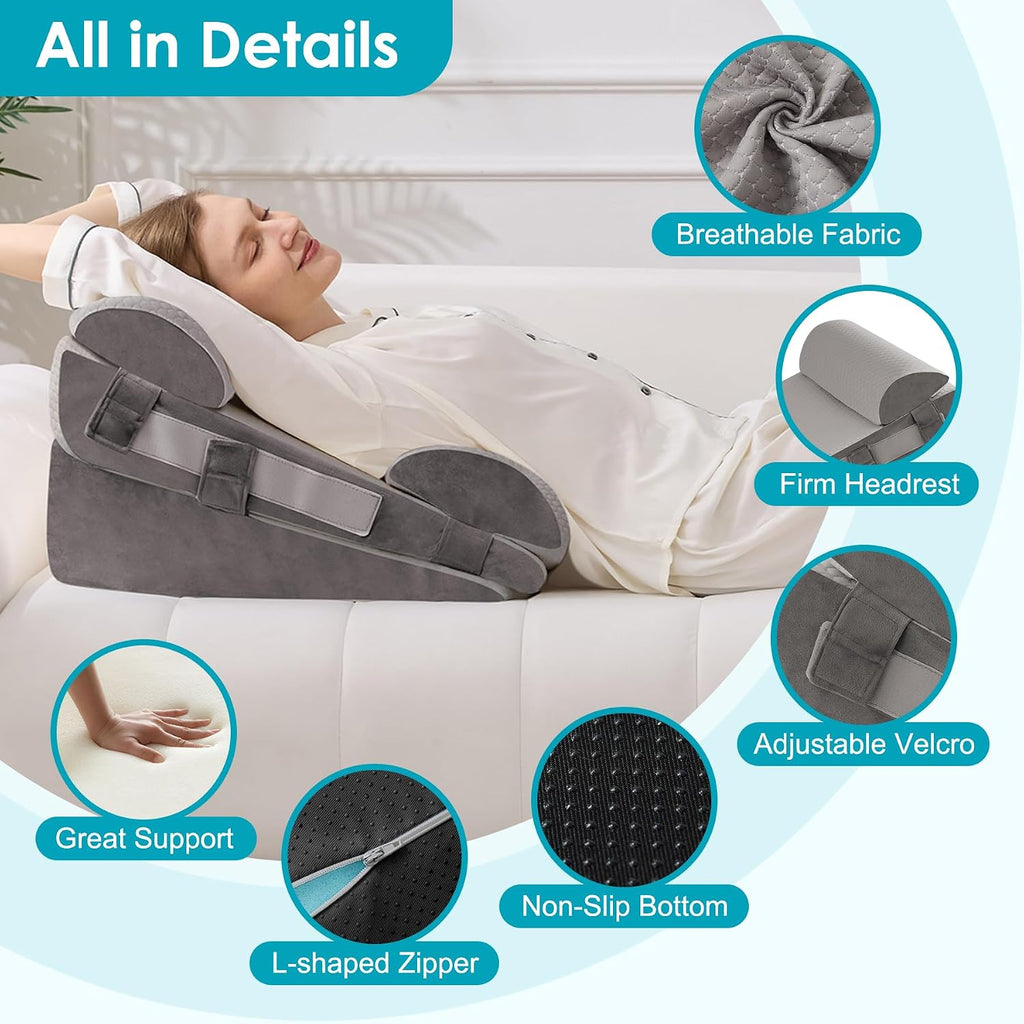 Wgakced 4Pcs Wedge Pillow Set for After Surgery, Acid Reflux Relief, Adjustable Bed Wedge Pillows for Sleeping, Anti Snore, Memory Foam Trian…